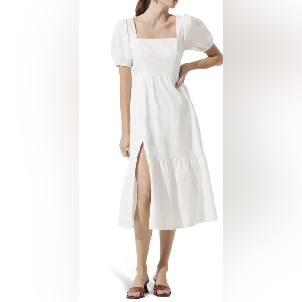 ASTR The Label Cotton Poplin Puff Sleeve Tiered Midi Dress White Sz XL